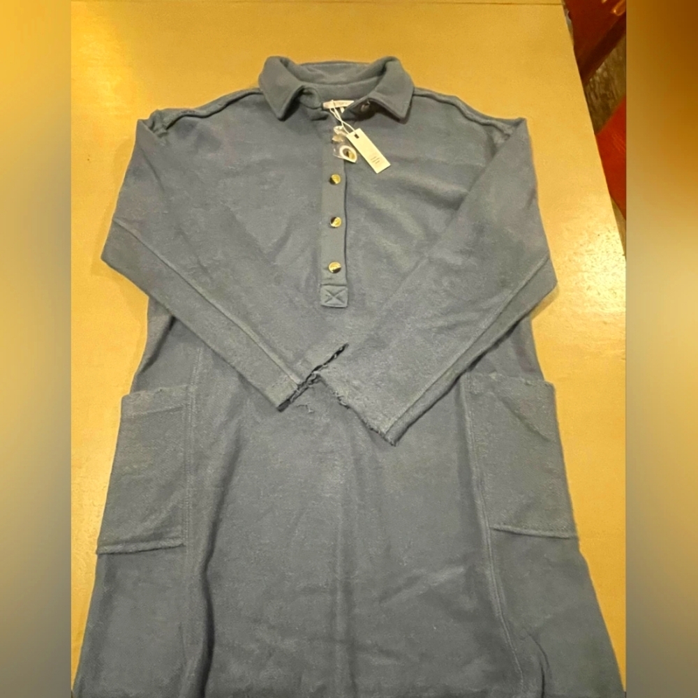 Nwt stitch drop blue distressed oversized collared dress with pockets size small